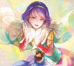  1girl :d abstract_background bangs blue_eyes blue_hair cape cloak dress earrings hairband jewelry long_sleeves looking_at_viewer multicolored_clothes multicolored_dress multicolored_hairband open_mouth patchwork_clothes purple_eyes purple_hair rainbow_gradient shawl short_hair smile solo swept_bangs tenkyuu_chimata touhou upper_body white_cape white_cloak wind xero 