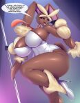  anthro big_breasts black_sclera breasts brown_body dialogue english_text female hi_res high_heels mega_evolution mega_lopunny mleonheart nintendo pok&eacute;mon pok&eacute;mon_(species) pole red_eyes solo text video_games 