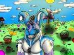  anthro easter easter_bunny easter_egg feral group hi_res holidays humanoid lagomorph leporid male male/male mammal poochybig rabbit simple_background trio 
