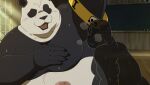  2022 anthro armpit_fetish armpit_sniffing belly big_belly black_body black_nose bodily_fluids censored duo eto1212 genitals giant_panda hi_res inside jujutsu_kaisen kemono male mammal moobs musk overweight overweight_male panda_(jujutsu_kaisen) penis sniffing sweat ursid white_body 