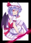  1girl bat_wings black_border blush border bow dress hat letterboxed looking_at_viewer looking_back parted_lips pointy_ears puffy_short_sleeves puffy_sleeves red_eyes remilia_scarlet ribbon short_sleeves sitting smile solo spear_the_gungnir striped striped_legwear thighhighs tomo_takino touhou wings 