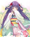  1girl absurdres black_hair closed_eyes flower hair_ornament hanakoto_igusa highres japanese_clothes kimono laughing long_hair looking_at_viewer open_mouth rascala39 ribbon shrims simple_background smile solo standing straight_hair virtual_youtuber 