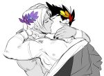  2boys black_nails closed_eyes dark-skinned_male dark_skin gorget greek_clothes greyscale hades_(game) ing0123 kiss laurel_crown male_focus monochrome multiple_boys spot_color thanatos_(hades) upper_body yaoi zagreus_(hades) 