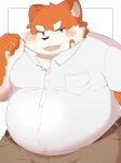  2022 anthro band-aid bandage belly big_belly black_nose blush bottomwear canid canine canis clothing domestic_dog hi_res kemono male mammal overweight overweight_male pants shirt sibugaki_2810 solo tongue tongue_out topwear 