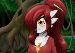  2021 blush blush_lines breasts cleavage clothed clothing detailed_background female forest gardevoir ghostth39 hair hair_over_eye humanoid long_hair medium_breasts nintendo not_furry one_eye_obstructed orange_eyes plant pok&eacute;mon pok&eacute;mon_(species) ponytail red_hair smile solo tree tree_carving tree_root video_games 