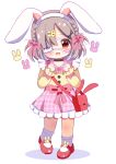  1girl :d absurdres animal_ears arknights bag bangs black_choker blush bow braid brown_hair bunny_hair_ornament chibi choker collared_shirt commentary_request eyebrows_visible_through_hair eyepatch fake_animal_ears full_body hair_bow hair_ornament hairband hands_up head_tilt highres long_sleeves looking_at_viewer pink_bow pink_skirt plaid plaid_skirt popukar_(arknights) puffy_long_sleeves puffy_sleeves rabbit_ears rebaa red_bow red_eyes red_footwear shadow shirt shoes shoulder_bag skirt sleeves_past_wrists smile socks solo standing white_background white_hairband white_legwear x_hair_ornament yellow_shirt 