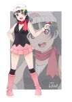  1girl :d beanie black_hair boots cosplay dawn_(pokemon) dawn_(pokemon)_(cosplay) dress full_body hat highres holding looking_at_viewer love_live! love_live!_sunshine!! poke_ball poke_ball_(basic) poke_ball_print pokemon pokemon_(anime) pokemon_dppt_(anime) purple_eyes runi_(87025) sleeveless sleeveless_dress smile tsushima_yoshiko wristband 