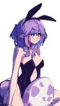  1girl animal_ears black_leotard blue_eyes braid breasts cleavage dragon_tail egg english_commentary fake_animal_ears hair_behind_ear head_wings heterochromia highres leotard medium_breasts nijisanji nijisanji_en playboy_bunny purple_eyes purple_hair rabbit_ears selen_tatsuki sitting sketch solo tail twin_braids virtual_youtuber yuno_(p2eocene) 