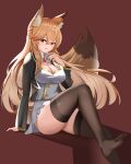  1girl absurdres animal_ear_fluff animal_ears arknights bangs black_jacket breasts brown_eyes brown_legwear chinese_commentary cleavage cleavage_cutout clothing_cutout commentary_request eyebrows_visible_through_hair feet fox_ears fox_girl fox_tail franka_(arknights) hair_between_eyes hand_up highres jacket large_breasts long_hair long_sleeves looking_at_viewer miniskirt no_shoes open_clothes open_jacket orange_hair parted_lips red_background simple_background sitting skirt smile solo tail thighhighs thighs very_long_hair white_skirt xianggu_wu_yan 