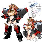  1girl airplane_wing alternate_breast_size breasts clenched_hands drill frame_arms_girl gaogaigar gaogaigar_(crossframe_girl) highres large_breasts looking_at_viewer messy_(efuya) multiple_views navel open_mouth orange_eyes orange_hair personification skindentation thighhighs v-fin white_background white_legwear yuusha_ou_gaogaigar yuusha_series 