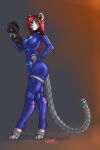  2021 absurd_res anthro clothing digital_media_(artwork) digitigrade felid female fyrephase green_eyes grey_body gun hair hand_on_hip hi_res holding_gun holding_object holding_weapon looking_aside mammal nelle_(fyrephase) pantherine ranged_weapon red_hair science_fiction simple_background smile snow_leopard solo standing tight_clothing weapon 