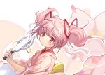  1girl blush bow dot_nose dress eyebrows_visible_through_hair floating_hair gloves hair_ribbon hand_up highres kaname_madoka kyubey looking_to_the_side magia_record:_mahou_shoujo_madoka_magica_gaiden mahou_shoujo_madoka_magica pink_dress pink_eyes pink_hair red_ribbon ribbon shan_tong_tong smile solo twintails upper_body waist_bow white_background white_gloves 