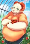  2022 anthro belly big_belly bottomwear bovid caprine clothing detailed_background food fruit goat green_eyes greenhouse hi_res inside kemono male mammal overweight overweight_male pants pink_nose plant shirt solo strawberry topwear vivarium yukio_ammy 