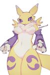  anthro bandai_namco breasts claws digimon digimon_(species) digital_media_(artwork) featureless_breasts featureless_crotch female hi_res neck_tuft ninokkkwolf purple_eyes renamon simple_background solo standing thigh_gap tuft yellow_body 