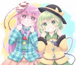  2girls black_headwear blue_bow blue_bowtie blue_shirt bow bowtie bubble_skirt buttons circle commentary_request fox_mask frilled_shirt_collar frilled_sleeves frills green_hair green_skirt hair_ribbon hat hata_no_kokoro kibisake komeiji_koishi long_hair long_sleeves mask multiple_girls orange_skirt pink_eyes pink_hair plaid plaid_shirt ribbon shirt short_hair simple_background skirt star_(symbol) sun_hat touhou triangle very_long_hair white_background white_shirt wide_sleeves x yellow_ribbon 