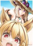  2girls :3 :d animal_ear_fluff animal_ears arknights bare_shoulders blonde_hair blurry blurry_foreground blush breasts ceobe_(arknights) cleavage closed_mouth collarbone depth_of_field eyewear_on_headwear fangs hair_ornament hairclip hat jewelry large_breasts long_hair looking_at_viewer multiple_girls necklace official_alternate_costume open_mouth photobomb purple_eyes red_eyes round_eyewear smile straw_hat sunglasses twitter_username utage_(arknights) utage_(summer_flowers)_(arknights) x_hair_ornament yokaze_(yokajie) 