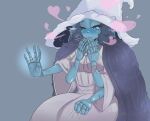  blue_eyes blue_hair blue_skin blush cape colored_skin doll_joints dress elden_ring extra_arms fur_cape hand_to_own_mouth hat heart jewelry joints ranni_the_witch ring spoken_heart squee user_mywz5778 wedding_ring white_dress witch_hat 