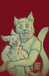  2015 anthro anthro_on_anthro canid cheek_tuft chest_tuft clothed clothing dated duo embrace eyes_closed facial_tuft fangs female hair hi_res hug hugging_from_behind male male/female mammal neck_tuft open_mouth open_smile partially_colored red_background shirt short_hair signature simple_background smile t-shirt tongue topwear tuft yookie 