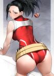  1girl all_fours ass asymmetrical_bangs bangs belt black_eyes black_hair blush bodysuit boku_no_hero_academia breasts feet_out_of_frame from_behind furrowed_brow hair_pulled_back highres leotard lips looking_at_viewer looking_back matryoshka_doll median_furrow medium_breasts medium_hair parted_lips ponytail red_leotard shiny shiny_clothes skin_tight sleeveless solo yaoyorozu_momo yoshio_(55level) 