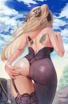 1girl ass bare_arms bare_shoulders blonde_hair blue_sky cloud cloudy_sky commentary_request day fischl_(genshin_impact) from_behind garter_straps genshin_impact hair_ornament hand_on_own_ass highres long_hair outdoors shiny shiny_clothes shiny_skin simple_background single_leg_pantyhose sky strapless tattoo thighhighs torriet water_drop wet 