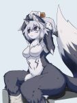  3:4 anthro black_body black_fur black_nose breasts canid canine curvy_figure female fox fur hair mammal purple_eyes sakamata_orca sitting solo white_hair 