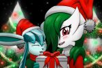  2021 blue_body blue_fur blush blush_lines christmas christmas_clothing christmas_headwear christmas_present christmas_tree clothing detailed_background duo eeveelution eyes_closed female feral fur gardevoir ghostth39 glaceon glistening glistening_eyes green_hair hair hair_over_eye hat headgear headwear hi_res holidays humanoid long_hair male nintendo not_furry one_eye_obstructed open_mouth plant pok&eacute;mon pok&eacute;mon_(species) red_eyes ruby_(ghostth39) santa_hat signature tree video_games 