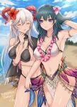  2girls ^_^ armlet bangs banned_artist bare_shoulders bikini black_bikini blue_eyes blue_hair blue_sky breasts byleth_(fire_emblem) byleth_(fire_emblem)_(female) cleavage closed_eyes cloud commentary_request commission cosplay costume_switch cowboy_shot day fire_emblem fire_emblem:_three_houses fire_emblem_heroes flower flower_necklace freyja_(fire_emblem) grin hair_flower hair_ornament hand_up highres horns large_breasts long_hair looking_at_another multiple_girls navel outdoors parted_lips pelvic_curtain pink_flower red_flower shimizu_akina skeb_commission sky smile standing stomach swimsuit thighs white_bikini white_hair 
