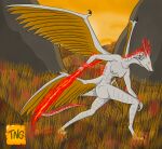  4_wings ancient_dragon_lansseax anthro blade dragon female hi_res lightning multi_wing nude red_lighting solo the_nameless_guy wings 
