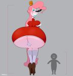  absurd_res big_butt big_nose blush bulge butt clothed clothing clown crossdressing crown dress footwear freckles girly grey_background hi_res high_heels humanoid lipstick makeup male mrs.mayhem panties red_clothing red_dress simple_background socks solo_focus tan_body tan_skin underwear upskirt vimhomeless wide_hips 