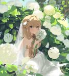  1girl absurdres bangs black_eyes blonde_hair bouquet dress earrings english_commentary eyebrows_visible_through_hair flower hair_behind_ear hair_flower hair_ornament highres holding holding_bouquet jewelry original plant seorang sitting solo veil white_dress white_flower 