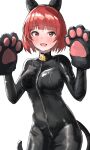  1girl :o absurdres alternate_costume animal_ears animal_hands bangs black_bodysuit black_hairband blunt_bangs blush bodysuit breasts cat_ears cat_paws cowboy_shot eyebrows_visible_through_hair fake_animal_ears glint gloves hairband highres idolmaster idolmaster_million_live! looking_at_viewer medium_breasts nonohara_akane paw_gloves pdal_(pdalhhh) red_eyes red_hair short_hair simple_background skin_tight solo sweat white_background zipper zipper_pull_tab 