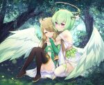  2girls ^_^ angel angel_wings antlers bangs bare_shoulders black_footwear black_legwear boots breasts bridal_gauntlets brown_hair closed_eyes closed_mouth commentary_request day dress eyebrows_visible_through_hair feathered_wings flower forest green_dress green_hair hair_between_eyes halo highres hug hug_from_behind knees_up long_hair medium_breasts multiple_girls nature original outdoors poppy_(poppykakaka) purple_eyes short_shorts shorts small_breasts smile thigh_boots thighhighs tree very_long_hair white_dress white_flower white_legwear white_shorts white_wings wings 