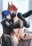  2girls anal aqua_eyes arknights backlighting bangs bird_girl bird_tail black_coat black_footwear black_gloves blue_hair blush boots censored coat eye_contact eyebrows_visible_through_hair feather_hair fiammetta_(arknights) flying_sweatdrops futa_with_female futanari girl_on_top gloves highres horns indoors knee_boots krirk long_hair long_sleeves looking_at_another mosaic_censoring mostima_(arknights) motion_lines multiple_girls open_mouth parted_lips penis pussy red_eyes red_hair sex short_hair single_glove sitting smile spread_legs tail testicles wheelchair white_gloves window 