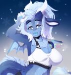  2022 anthro big_breasts blue_body blue_fur breasts chest_tuft clothing dragon female fur furred_dragon hair half-length_portrait hi_res horn koukysato looking_at_viewer membrane_(anatomy) membranous_wings portrait shirt smile snow solo tank_top topwear tuft white_hair wings 