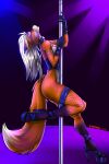  2021 absurd_res anthro blue_high_heels breasts brown_body brown_fur canid canine clothing collar eyes_closed female fox fur fyrephase gloves grey_hair hair handwear hi_res mammal on_one_leg pole side_view solo standing stripper_pole 