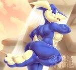  2021 3_toes amphibian anthro blue_body blue_skin breasts butt cloud detailed_background digital_media_(artwork) featureless_breasts feet female gobanire greninja looking_at_viewer muscular muscular_anthro muscular_female nintendo non-mammal_breasts nude open_mouth pink_eyes pok&eacute;mon pok&eacute;mon_(species) sky solo toes tongue video_games waterfall watermark yellow_body yellow_skin 