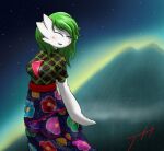  2021 3_fingers ailin blush blush_lines clothing dress eyes_closed female fingers floral_print gardevoir ghostth39 green_hair hair happy humanoid mountain night nintendo not_furry pok&eacute;mon pok&eacute;mon_(species) signature simple_background sky solo star starry_sky video_games 