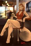  2021 anthro barefoot beverage blonde_hair bottomwear breasts canid canine choker clothing feet female fox fur fyrephase hair hi_res holding_beverage holding_object inside jewelry mammal necklace photo_background sitting skirt smile solo tan_body tan_fur 