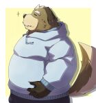  2022 anthro belly big_belly black_nose blush bottomwear brown_body brown_fur canid canine canis clothing domestic_dog emufu eyes_closed fur hi_res hoodie humanoid_hands kemono male mammal mature_male overweight overweight_male pants simple_background solo topwear 