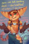  absurd_res anthro aviator_cap balls big_ears blush bodily_fluids bulge clank_(ratchet_and_clank) clothing cydonia_xia duo embarrassed genital_outline genitals gloves green_eyes handwear hi_res lombax male mammal penis_outline ratchet ratchet_and_clank shrug solo sony_corporation sony_interactive_entertainment sweat torn_clothing underwear vein video_games 