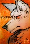  2015 anthro black_nose canid cheek_tuft chest_tuft dated facial_tuft fur glistening glistening_eyes headshot_portrait hi_res male mammal orange_background orange_eyes portrait restricted_palette signature simple_background solo tuft white_body white_ears white_fur white_inner_ear yookie 