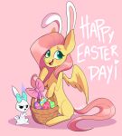  2021 absurd_res ambiguous_gender angel_(mlp) duo easter easter_egg egg equid equine eyelashes fake_ears fake_rabbit_ears female feral fluttershy_(mlp) friendship_is_magic green_eyes hair half-closed_eyes hasbro hi_res holidays lagomorph leporid looking_away mammal my_little_pony narrowed_eyes open_mouth open_smile pegasus pink_background pink_hair pink_tail rabbit reborn3580 ribbons signature simple_background smile wings yellow_body 