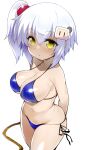  1girl absurdres bikini blue_bikini bombergirl bomberman breasts collarbone eyebrows_visible_through_hair hair_between_eyes hair_bobbles hair_ornament halterneck highres large_breasts looking_at_viewer shimejinameko shiro_(bombergirl) short_hair side-tie_bikini side_ponytail simple_background solo string_bikini swimsuit white_background white_bomberman white_hair yellow_eyes 