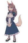  2022 anthro breasts brown_hair canid clothing dress female footwear frilly frilly_clothing green_eyes hair hi_res mammal ninokkkwolf shoes simple_background smile solo standing white_background 