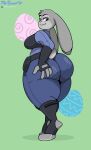  anthro big_butt bottomwear butt clothed clothing disney female fur grey_body grey_fur hi_res holding_butt judy_hopps lagomorph leporid looking_back mammal pants rabbit solo thetyrant zootopia 