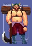  1boy abs absurdres alternate_costume axe bara battle_axe beard belly brown_hair bulge chest_harness dragon_ball facial_hair fake_horns glasses gyuu_mao harness hat highres horned_headwear horns large_pectorals male_focus mature_male muscular muscular_male navel navel_hair nipples pants pectorals planted plump red_pants short_hair solo stomach sweat topi_(topi5356) topless_male underbust weapon wood 