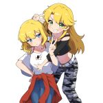  2girls alice_margatroid alternate_costume animal_print bangs belt black_shirt blonde_hair blue_eyes blush bow braid clothes_around_waist denim eyebrows_visible_through_hair green_eyes hair_bow highres jacket jacket_around_waist jeans kirisame_marisa long_hair long_sleeves looking_at_viewer masho_makamaka multiple_girls pants red_jacket shirt short_hair short_sleeves side_braid simple_background single_braid smile teeth touhou v white_background white_belt white_bow wide_sleeves zebra_print 