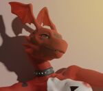 anthro bandai_namco breasts chest_markings collar digimon digimon_(species) female furby_birby furromantic guilmon happy markings scalie shadow smile solo teeth 