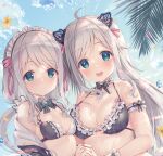 2girls :d absurdres aqua_eyes arm_cuffs bangs bare_shoulders bikini black_bikini black_bow black_jacket blush bow breasts choker cleavage collarbone commentary_request day eyebrows_visible_through_hair flower frilled_bikini frilled_choker frills hair_ribbon halter_top halterneck highres holding_hands jacket long_hair maid_headdress medium_breasts multicolored_hair multiple_girls off_shoulder open_mouth original petals pink_hair pink_ribbon ribbon sidelocks silver_hair sky small_breasts smile sousouman streaked_hair swept_bangs swimsuit twintails upper_body wrist_cuffs yellow_flower 