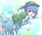  1girl backpack bag bangs blue_dress blue_eyes blue_hair cabbie_hat commentary_request dress dutch_angle flat_cap green_bag hair_bobbles hair_ornament hat kappa kawashiro_nitori kibisake long_sleeves looking_at_viewer medium_hair open_mouth pocket short_twintails sidelocks touhou twintails two_side_up 